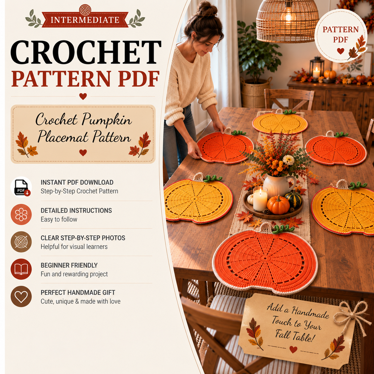 Pumpkin Placemat Crochet Pattern PDF | Fall Table Decor | Thanksgiving Crochet Pattern | Autumn Pumpkin Table Mat | Harvest Dining Decor