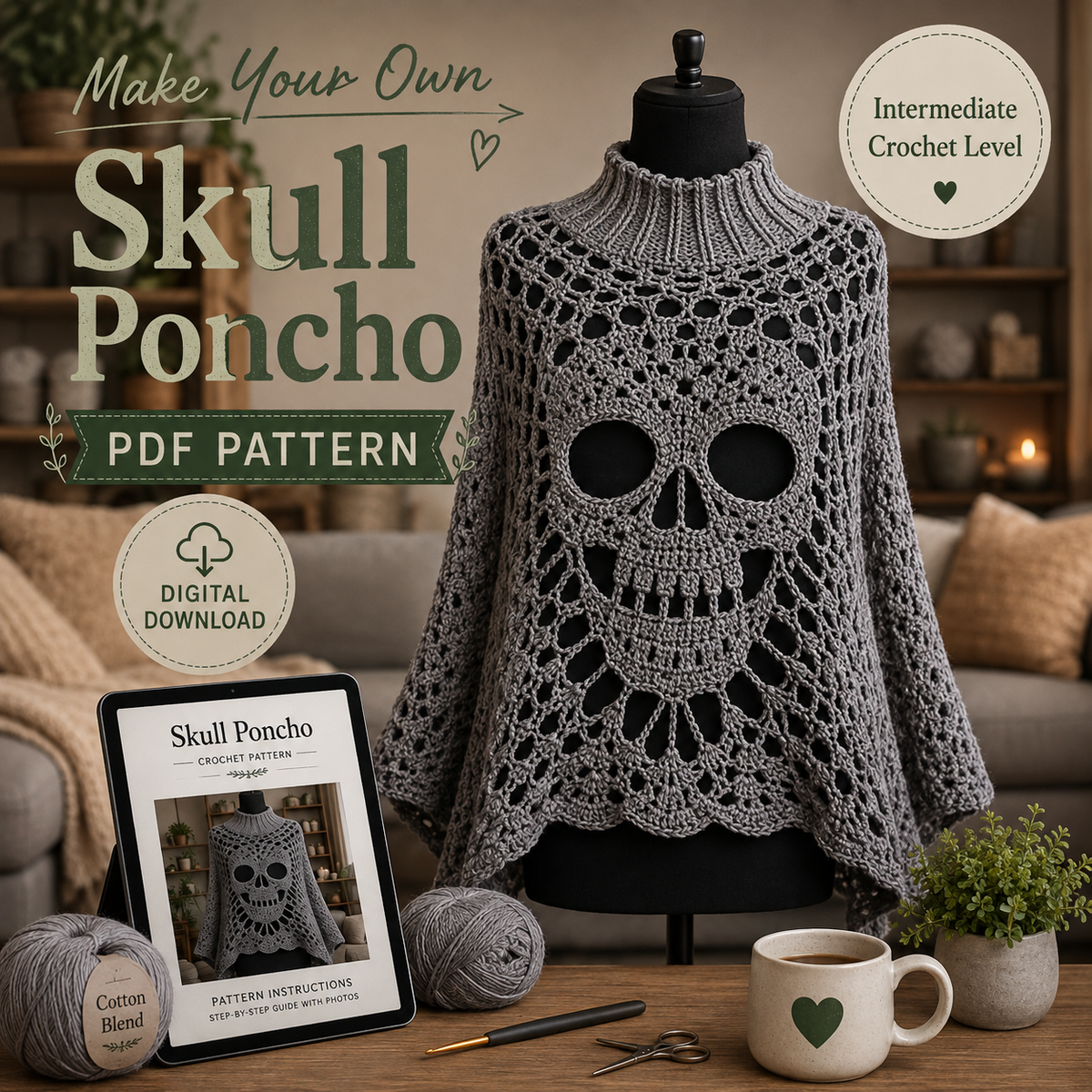 Skull Lace Poncho Crochet Pattern PDF | Gothic Crochet Top with Turtleneck | Halloween Skull Sweater | Dark Goth Clothing Digital Pattern
