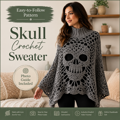 Skull Lace Poncho Crochet Pattern PDF | Gothic Crochet Top with Turtleneck | Halloween Skull Sweater | Dark Goth Clothing Digital Pattern