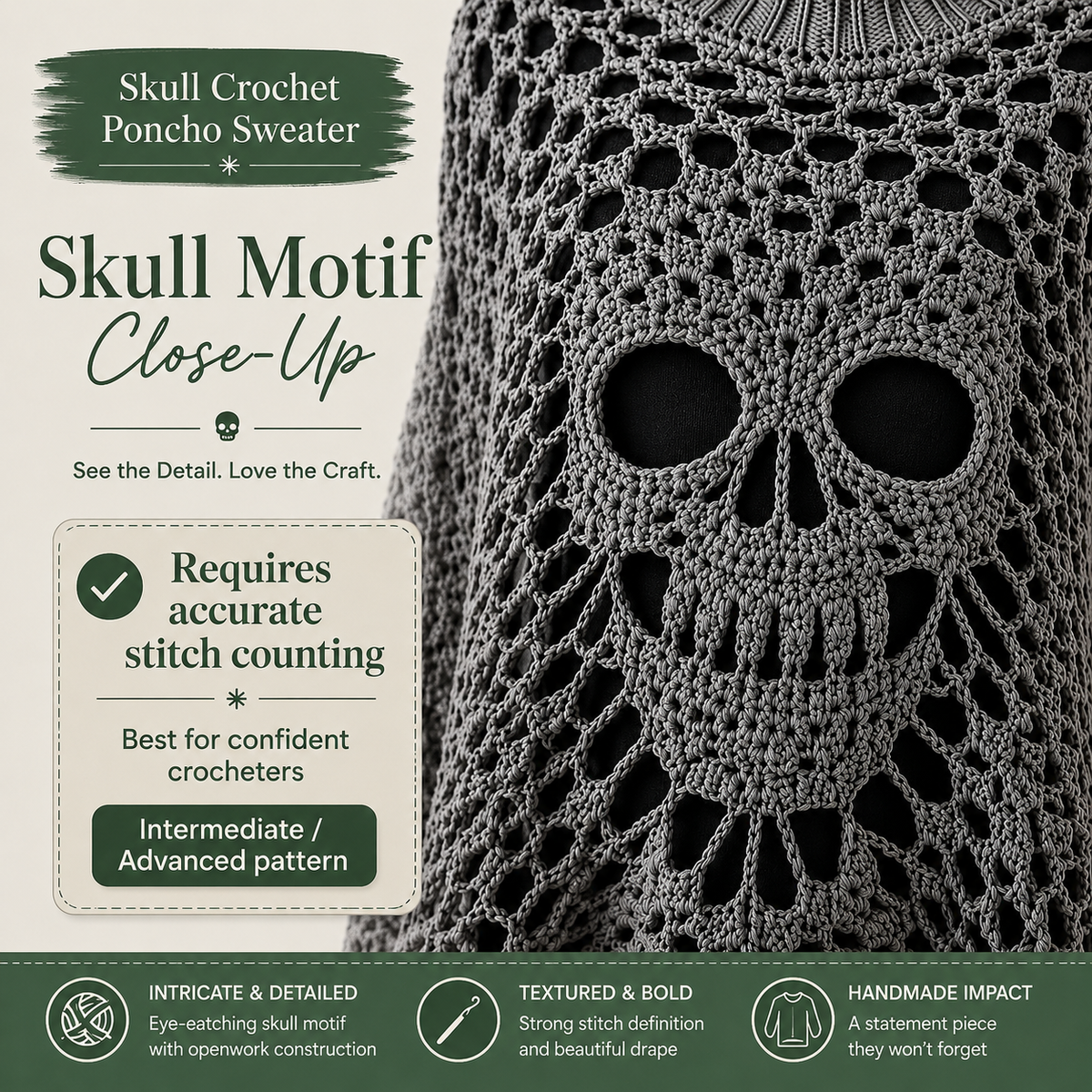 Skull Lace Poncho Crochet Pattern PDF | Gothic Crochet Top with Turtleneck | Halloween Skull Sweater | Dark Goth Clothing Digital Pattern