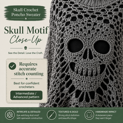 Skull Lace Poncho Crochet Pattern PDF | Gothic Crochet Top with Turtleneck | Halloween Skull Sweater | Dark Goth Clothing Digital Pattern