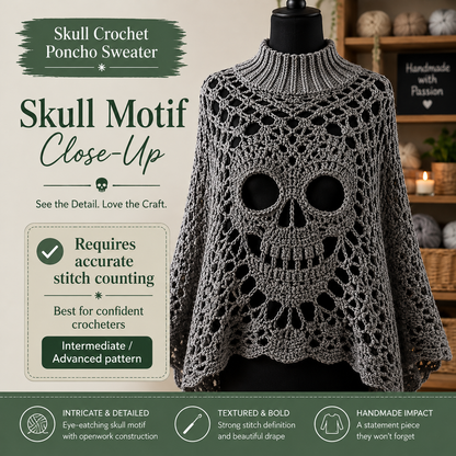 Skull Lace Poncho Crochet Pattern PDF | Gothic Crochet Top with Turtleneck | Halloween Skull Sweater | Dark Goth Clothing Digital Pattern