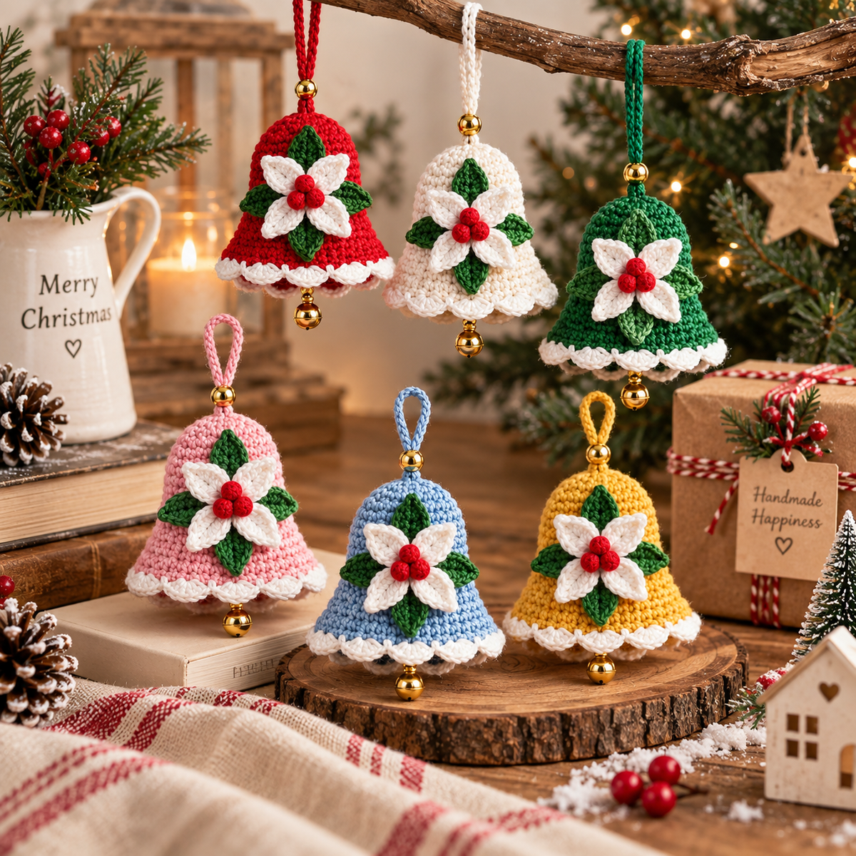 Christmas Bell Crochet Pattern PDF | Crochet Christmas Ornament | Holiday Bell Hanging Decor | Poinsettia Bell Pattern
