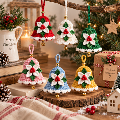 Christmas Bell Crochet Pattern PDF | Crochet Christmas Ornament | Holiday Bell Hanging Decor | Poinsettia Bell Pattern