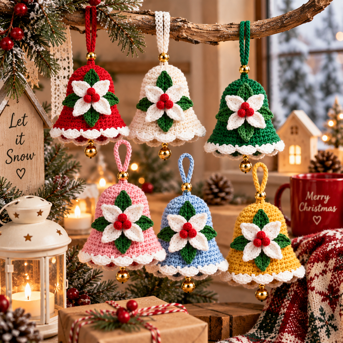 Christmas Bell Crochet Pattern PDF | Crochet Christmas Ornament | Holiday Bell Hanging Decor | Poinsettia Bell Pattern
