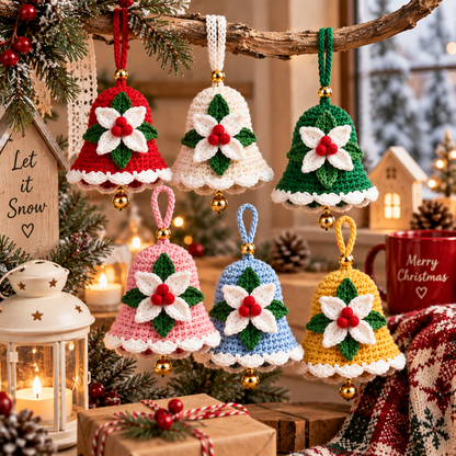 Christmas Bell Crochet Pattern PDF | Crochet Christmas Ornament | Holiday Bell Hanging Decor | Poinsettia Bell Pattern