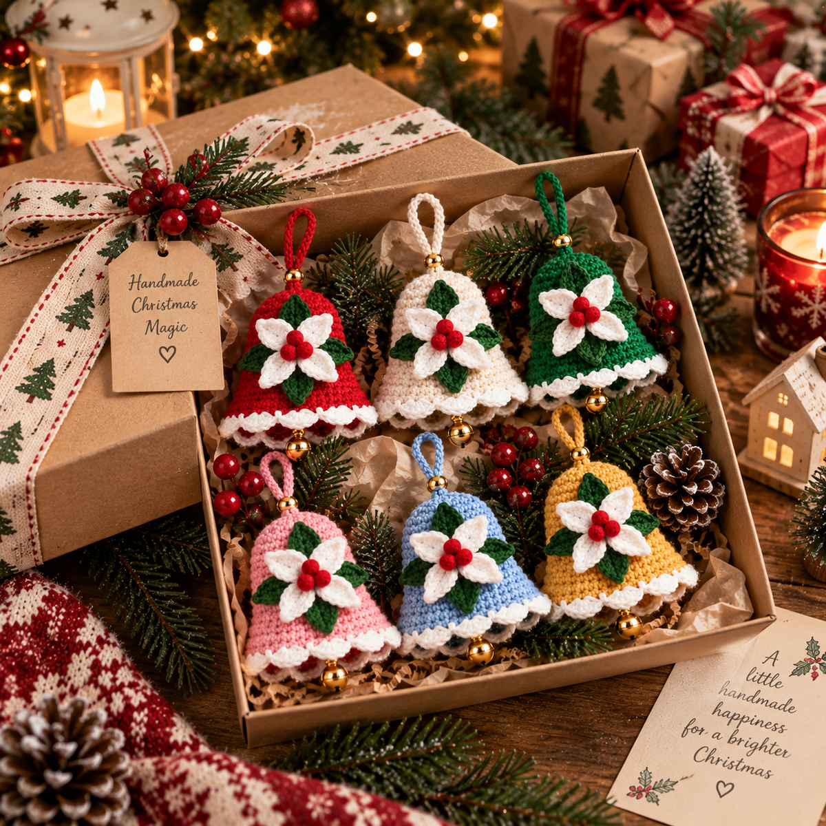 Christmas Bell Crochet Pattern PDF | Crochet Christmas Ornament | Holiday Bell Hanging Decor | Poinsettia Bell Pattern