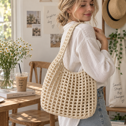 Crochet Net Bag Pattern PDF, Mesh Market Tote Crochet Pattern | Boho Shoulder Bag, Reusable Grocery Bag | Summer Crochet Bag Pattern