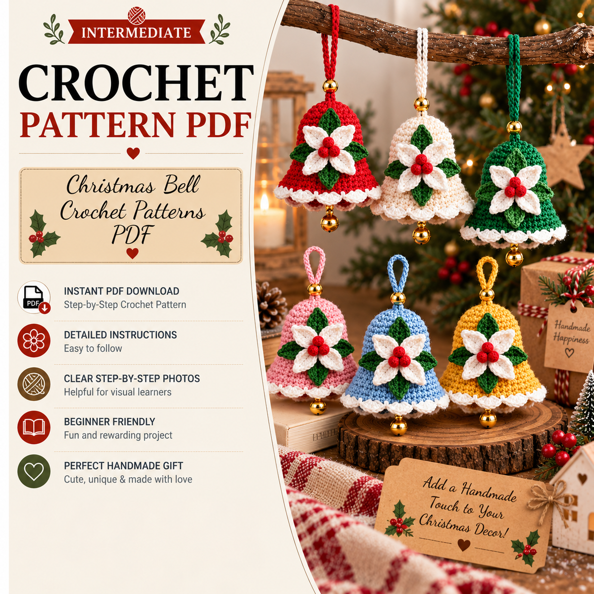 Christmas Bell Crochet Pattern PDF | Crochet Christmas Ornament | Holiday Bell Hanging Decor | Poinsettia Bell Pattern