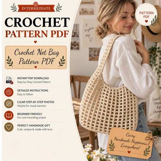 Crochet Net Bag Pattern PDF, Mesh Market Tote Crochet Pattern | Boho Shoulder Bag, Reusable Grocery Bag | Summer Crochet Bag Pattern
