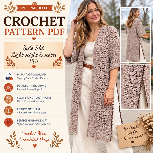 Side Slit Lightweight Cardigan Crochet Pattern PDF | Long Crochet Cardigan Pattern | Women's Lace Sweater | XS–XXL | Easy Crochet Clothing Pattern