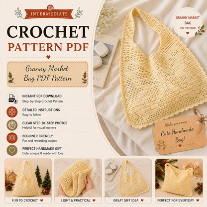 Granny Market Bag Crochet Pattern PDF | Crochet Tote Bag Pattern | Vintage Shoulder Bag, Reusable Market Bag | Instant Digital Download
