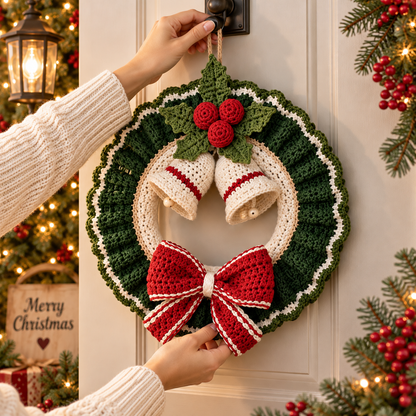 Crochet Christmas Wreath Pattern PDF | Christmas Door Wreath Crochet Pattern | Holiday Wreath with Bells & Bow |  Optional Video Tutorial