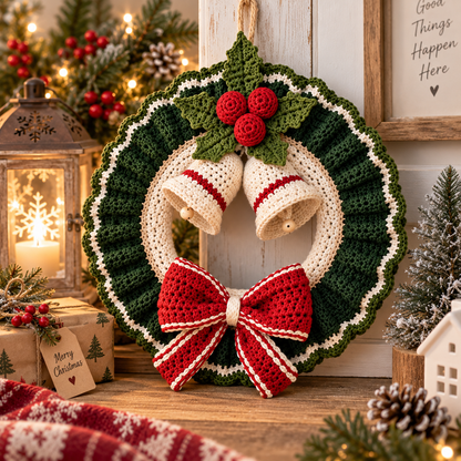 Crochet Christmas Wreath Pattern PDF | Christmas Door Wreath Crochet Pattern | Holiday Wreath with Bells & Bow |  Optional Video Tutorial