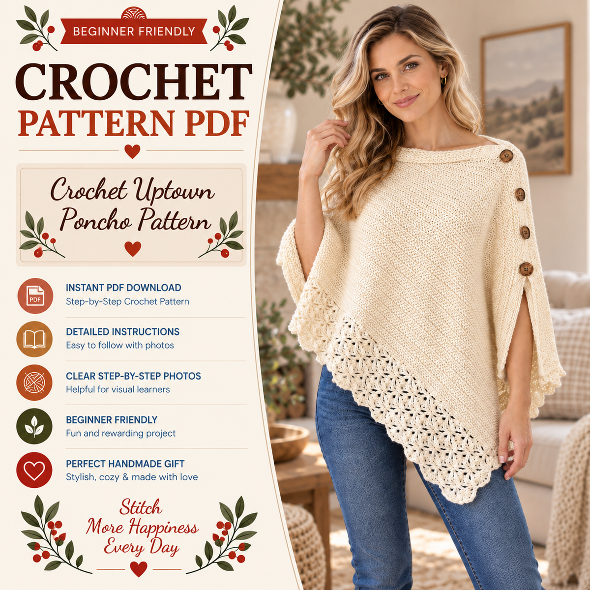 Crochet Uptown Poncho Pattern PDF | Easy Crochet Poncho for Women | Button Shoulder Poncho Pattern | Boho Crochet Wrap | Beginner Friendly | Instant Download