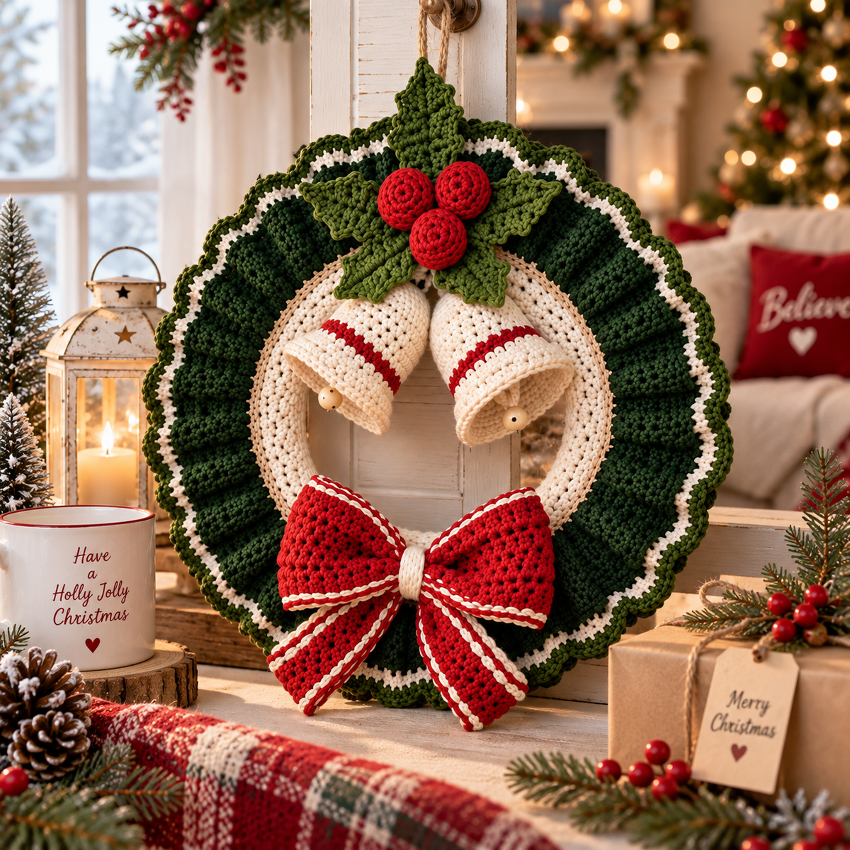 Crochet Christmas Wreath Pattern PDF | Christmas Door Wreath Crochet Pattern | Holiday Wreath with Bells & Bow |  Optional Video Tutorial