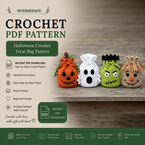 4-in-1 Halloween Crochet Treat Bag Pattern PDF | Pumpkin Ghost Frankenstein Scarecrow Candy Bags | Drawstring Trick or Treat Crochet Pattern