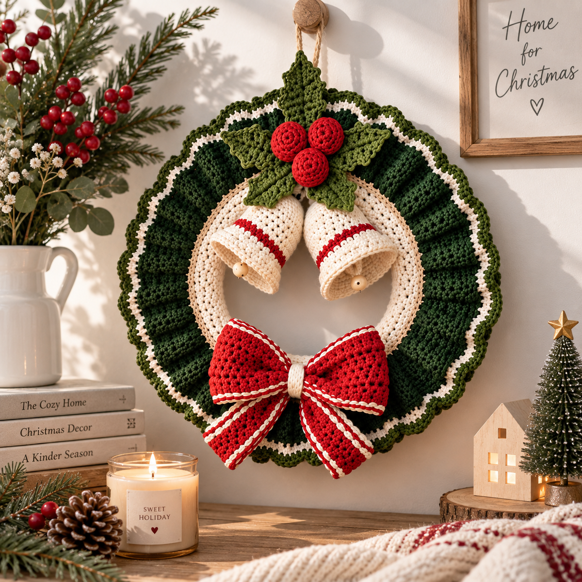 Crochet Christmas Wreath Pattern PDF | Christmas Door Wreath Crochet Pattern | Holiday Wreath with Bells & Bow |  Optional Video Tutorial