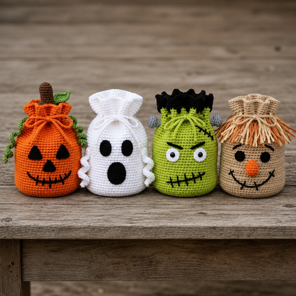 4-in-1 Halloween Crochet Treat Bag Pattern PDF | Pumpkin Ghost Frankenstein Scarecrow Candy Bags | Drawstring Trick or Treat Crochet Pattern