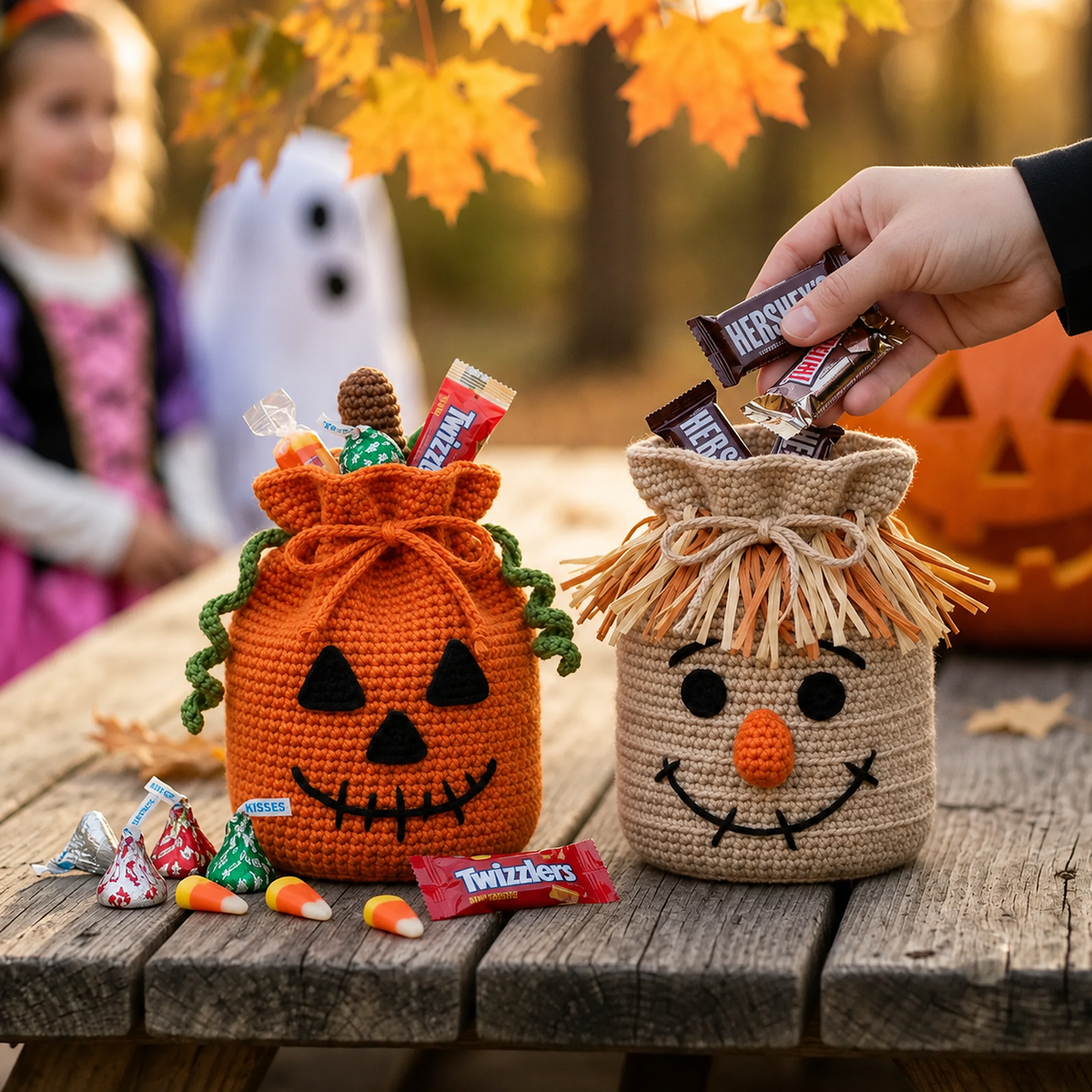 4-in-1 Halloween Crochet Treat Bag Pattern PDF | Pumpkin Ghost Frankenstein Scarecrow Candy Bags | Drawstring Trick or Treat Crochet Pattern