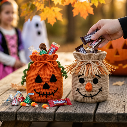 4-in-1 Halloween Crochet Treat Bag Pattern PDF | Pumpkin Ghost Frankenstein Scarecrow Candy Bags | Drawstring Trick or Treat Crochet Pattern