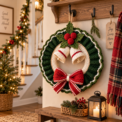 Crochet Christmas Wreath Pattern PDF | Christmas Door Wreath Crochet Pattern | Holiday Wreath with Bells & Bow |  Optional Video Tutorial