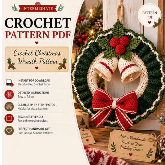 Crochet Christmas Wreath Pattern PDF | Christmas Door Wreath Crochet Pattern | Holiday Wreath with Bells & Bow |  Optional Video Tutorial