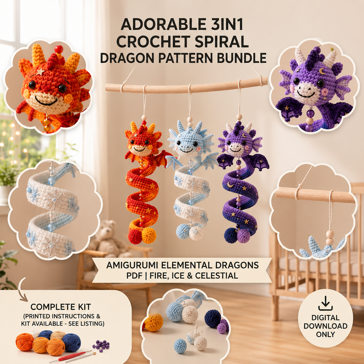 3 in 1 Spiral Dragon Crochet Pattern PDF | Fire Ice Celestial Dragon Amigurumi | Hanging Ornament Crochet Pattern | Digital Download