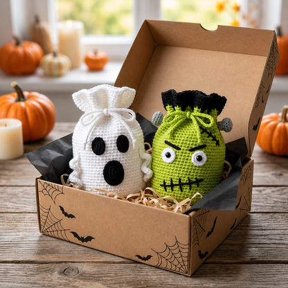 4-in-1 Halloween Crochet Treat Bag Pattern PDF | Pumpkin Ghost Frankenstein Scarecrow Candy Bags | Drawstring Trick or Treat Crochet Pattern