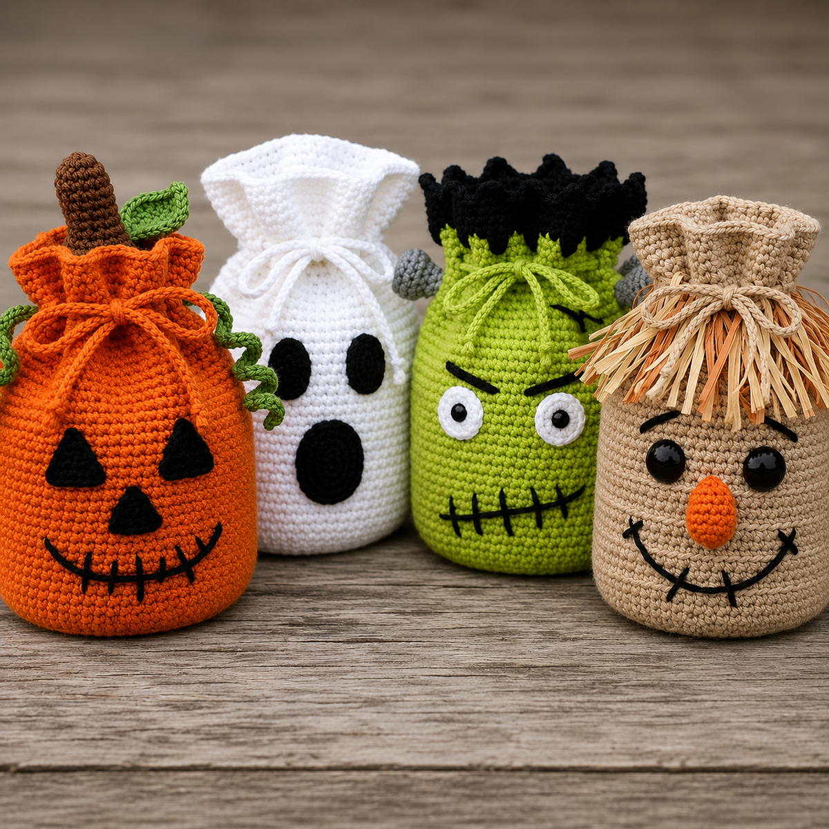 4-in-1 Halloween Crochet Treat Bag Pattern PDF | Pumpkin Ghost Frankenstein Scarecrow Candy Bags | Drawstring Trick or Treat Crochet Pattern