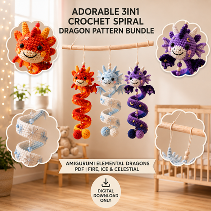 3 in 1 Spiral Dragon Crochet Pattern PDF | Fire Ice Celestial Dragon Amigurumi | Hanging Ornament Crochet Pattern | Digital Download