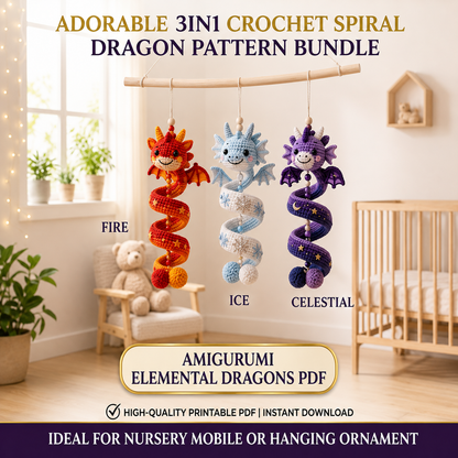 3 in 1 Spiral Dragon Crochet Pattern PDF | Fire Ice Celestial Dragon Amigurumi | Hanging Ornament Crochet Pattern | Digital Download