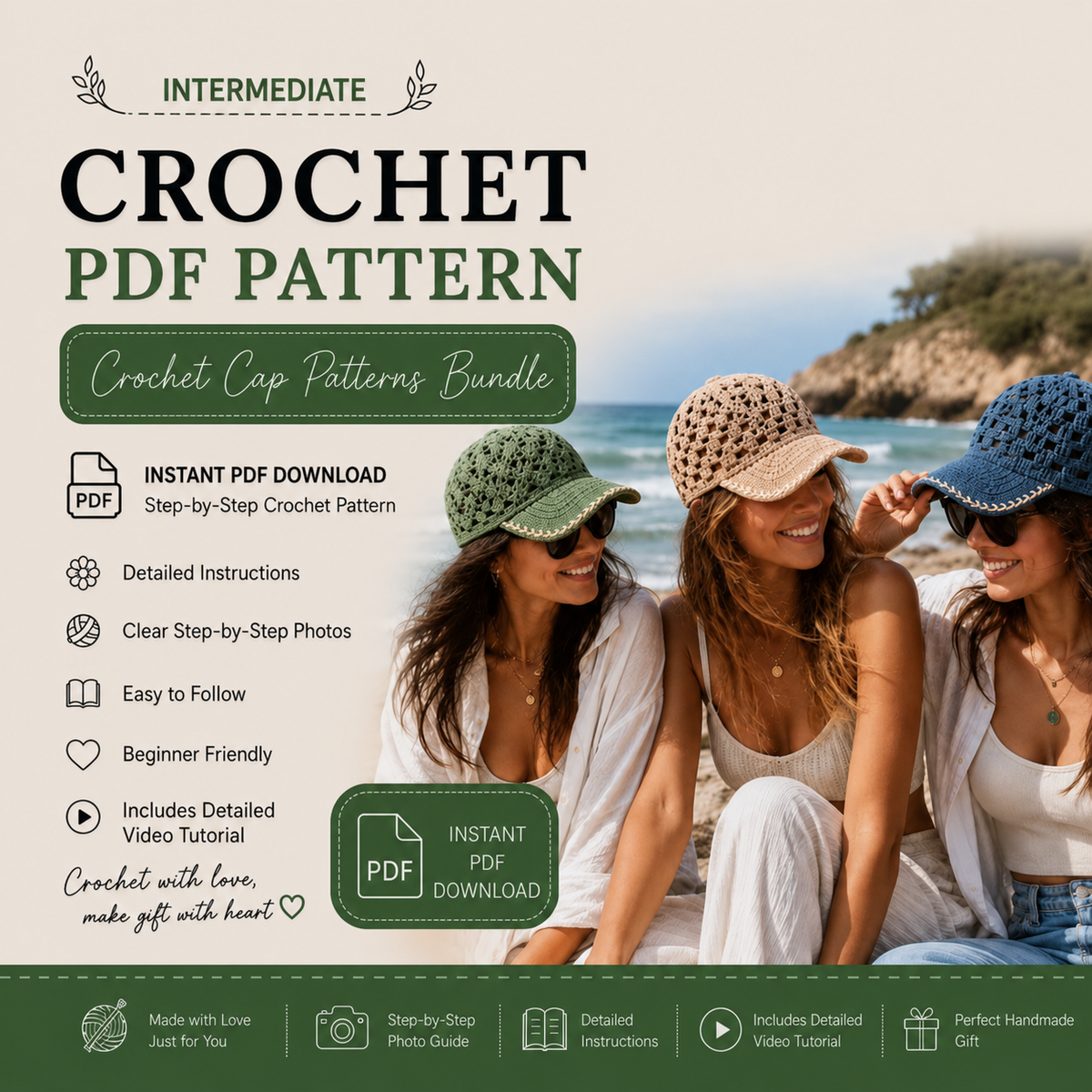 2-in-1 Crochet Baseball Cap Pattern Bundle PDF, Textured & Mesh Crochet Hats, Summer Cap Patterns, US Terms Digital Download