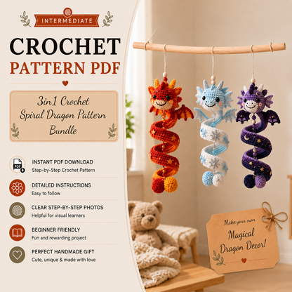 3 in 1 Spiral Dragon Crochet Pattern PDF | Fire Ice Celestial Dragon Amigurumi | Hanging Ornament Crochet Pattern | Digital Download