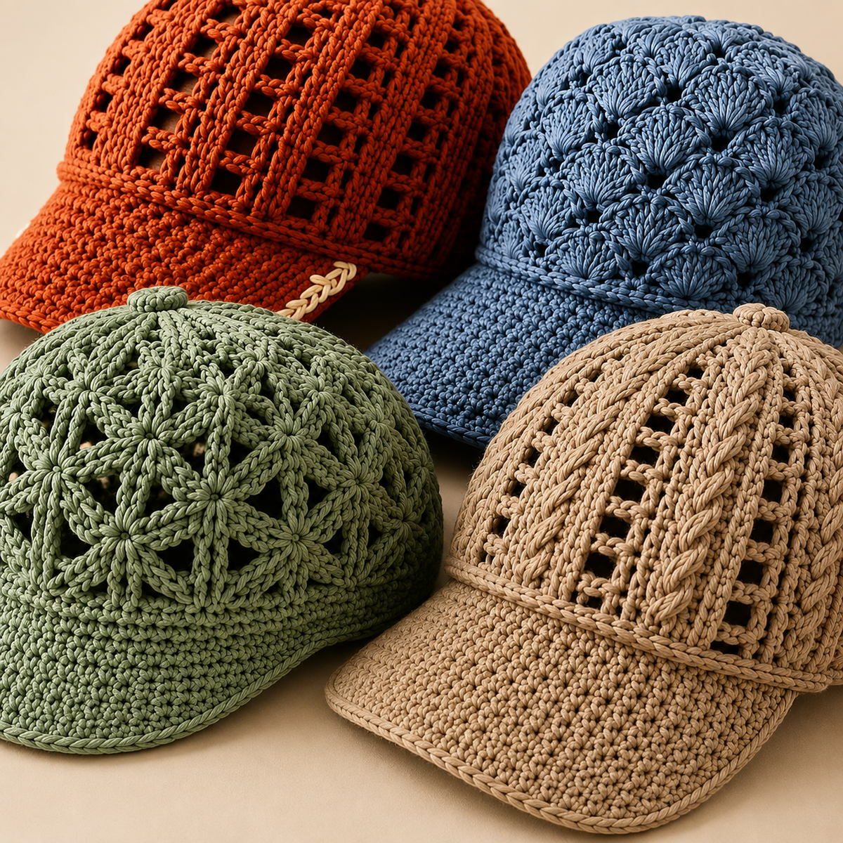 2-in-1 Crochet Baseball Cap Pattern Bundle PDF, Textured & Mesh Crochet Hats, Summer Cap Patterns, US Terms Digital Download