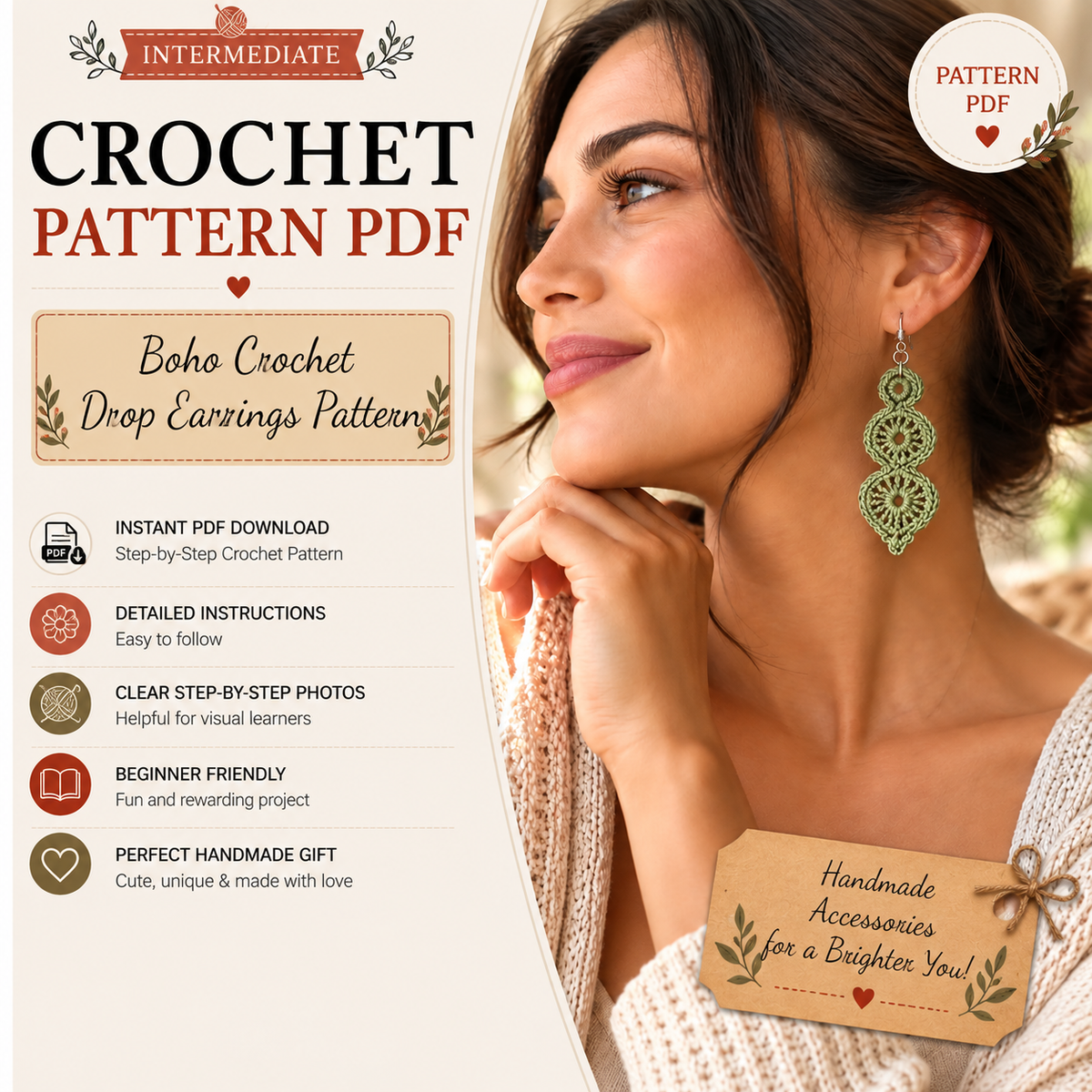 Boho Crochet Drop Earrings Pattern PDF | Lace Dangle Earrings Crochet Pattern | DIY Bohemian Jewelry | Handmade Earrings Instant Download