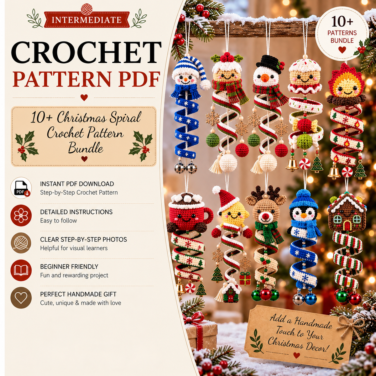 10+ Christmas Spiral Crochet Pattern Bundle PDF | Amigurumi Christmas Ornaments | Holiday Hanging Decor | Xmas Crochet Patterns | Instant Download