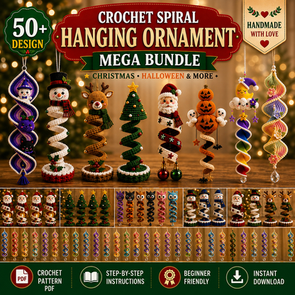 50+ Halloween & Christmas Crochet Spiral Patterns PDF | Holiday Wind Spinner Ornament Bundle | Santa Snowman Pumpkin Hanging Decor