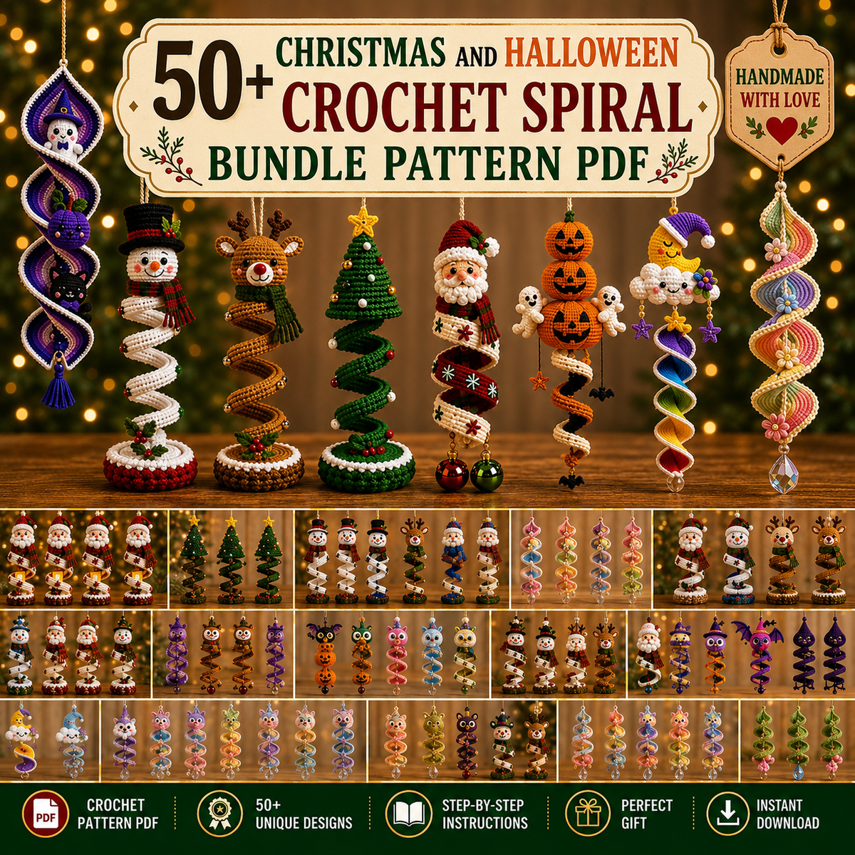 50+ Halloween & Christmas Crochet Spiral Patterns PDF | Holiday Wind Spinner Ornament Bundle | Santa Snowman Pumpkin Hanging Decor
