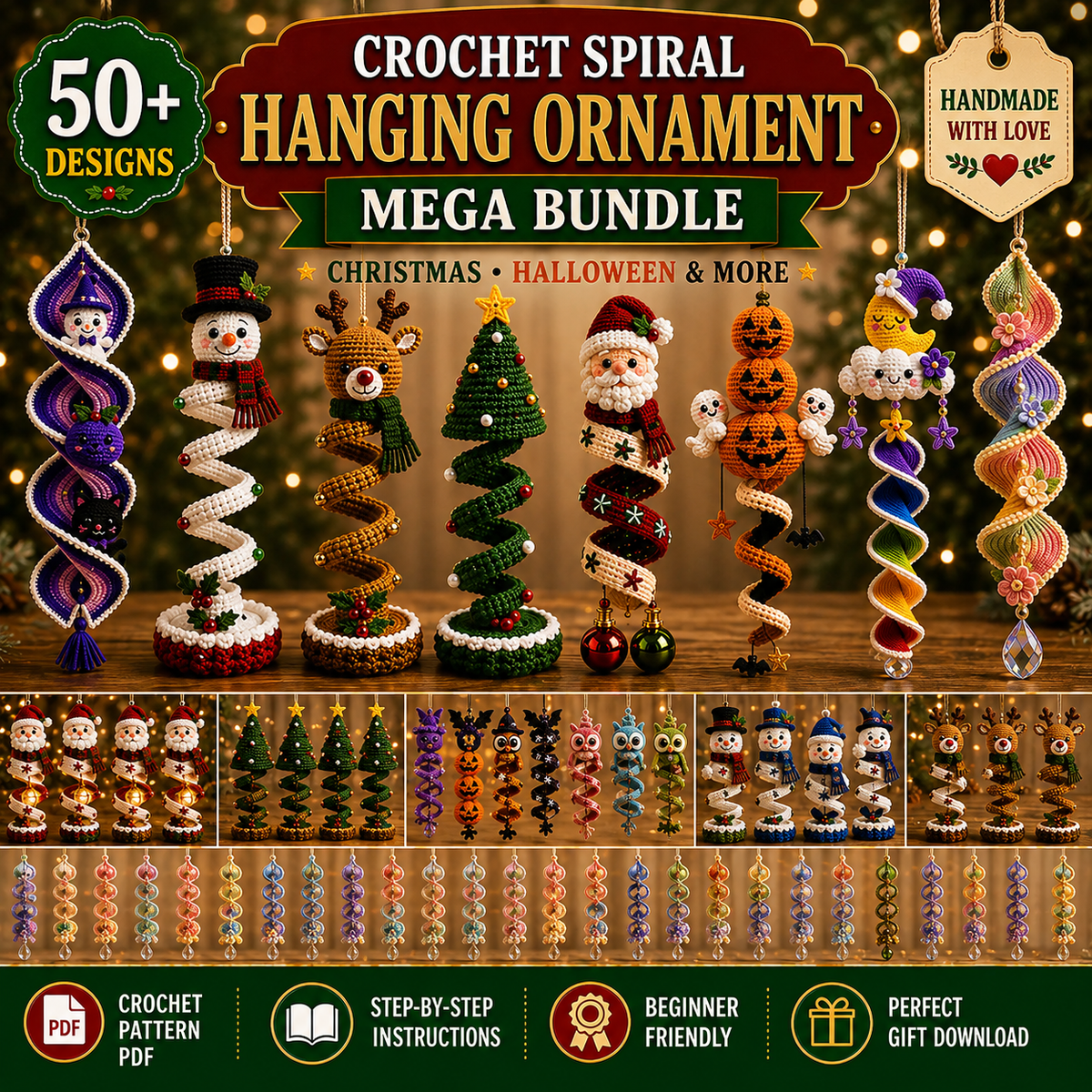 50+ Halloween & Christmas Crochet Spiral Patterns PDF | Holiday Wind Spinner Ornament Bundle | Santa Snowman Pumpkin Hanging Decor