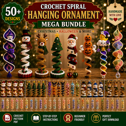 50+ Halloween & Christmas Crochet Spiral Patterns PDF | Holiday Wind Spinner Ornament Bundle | Santa Snowman Pumpkin Hanging Decor