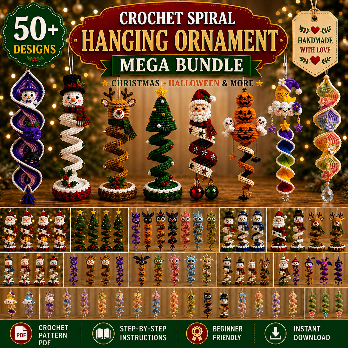50+ Halloween & Christmas Crochet Spiral Patterns PDF | Holiday Wind Spinner Ornament Bundle | Santa Snowman Pumpkin Hanging Decor