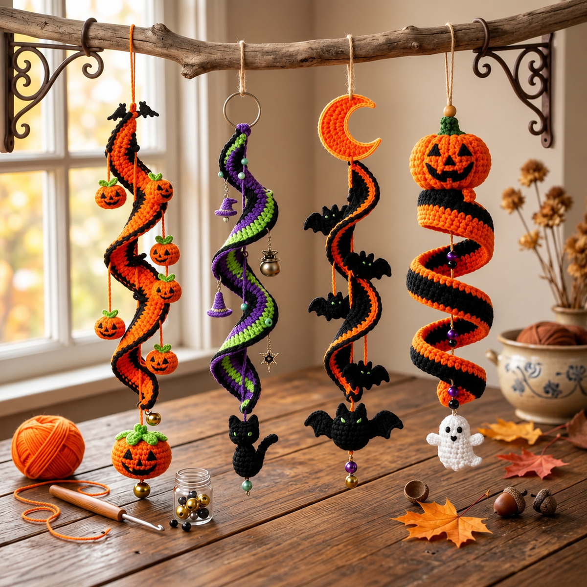 4-in-1 Halloween Crochet Wind Spinner Pattern PDF | Pumpkin Bat Witch Cat Ghost Hanging Decor | Spooky Halloween Crochet Pattern