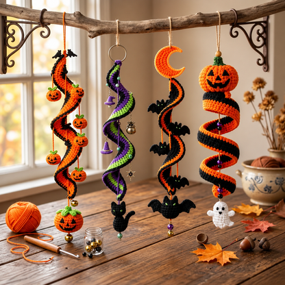 4-in-1 Halloween Crochet Wind Spinner Pattern PDF | Pumpkin Bat Witch Cat Ghost Hanging Decor | Spooky Halloween Crochet Pattern