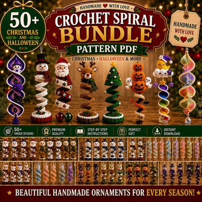 50+ Halloween & Christmas Crochet Spiral Patterns PDF | Holiday Wind Spinner Ornament Bundle | Santa Snowman Pumpkin Hanging Decor