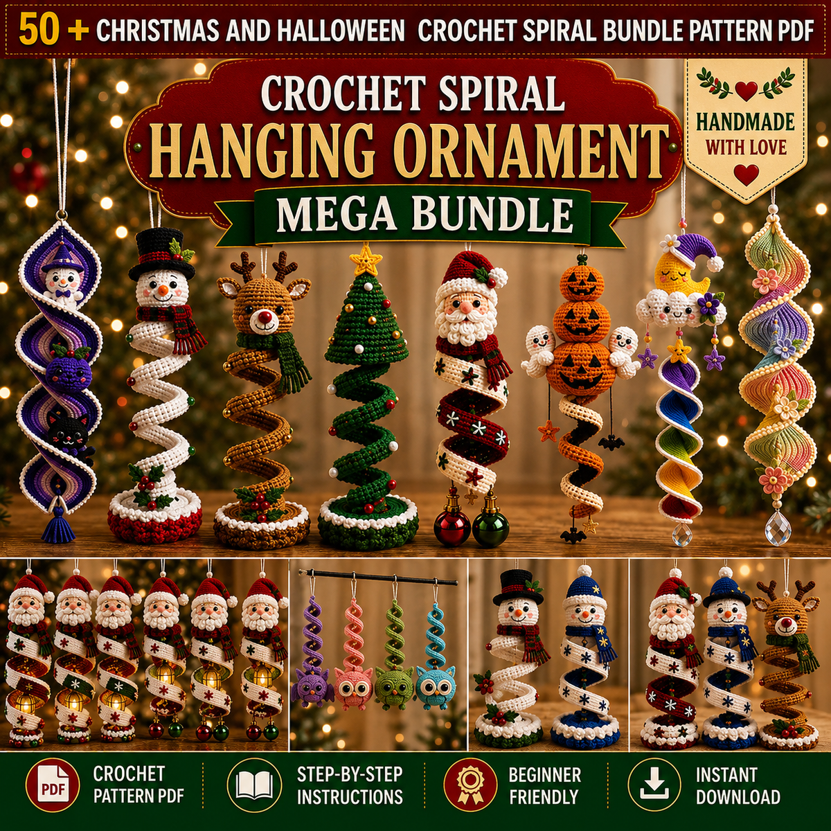 50+ Halloween & Christmas Crochet Spiral Patterns PDF | Holiday Wind Spinner Ornament Bundle | Santa Snowman Pumpkin Hanging Decor