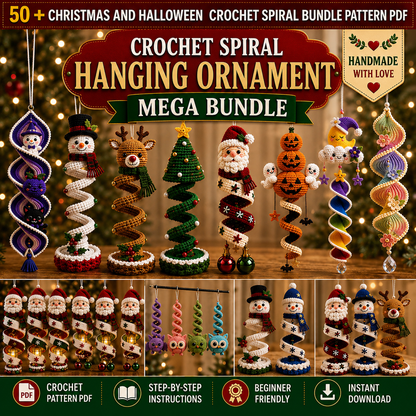 50+ Halloween & Christmas Crochet Spiral Patterns PDF | Holiday Wind Spinner Ornament Bundle | Santa Snowman Pumpkin Hanging Decor