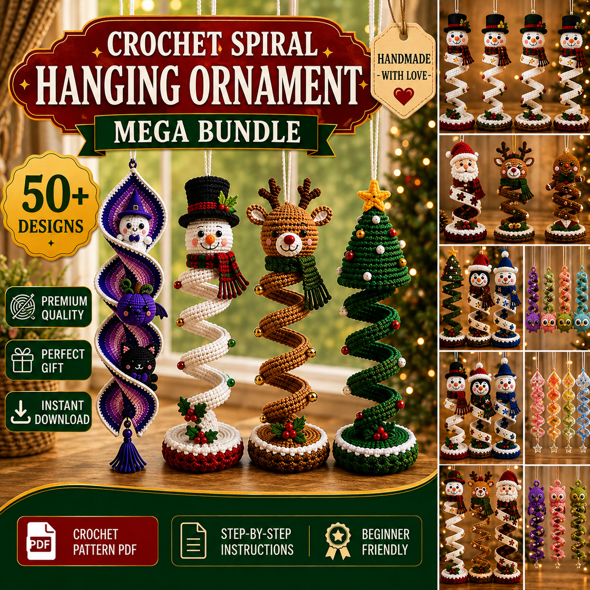 50+ Halloween & Christmas Crochet Spiral Patterns PDF | Holiday Wind Spinner Ornament Bundle | Santa Snowman Pumpkin Hanging Decor