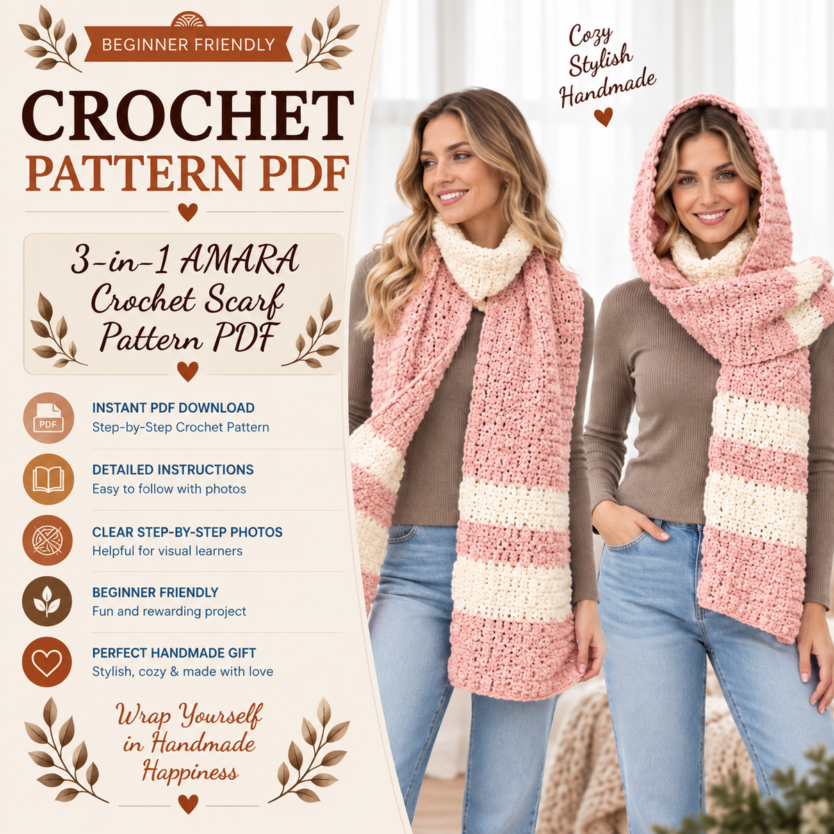 3-in-1 AMARA Crochet Scarf Pattern PDF | Crochet Hooded Scarf Pattern | Turtleneck Hoodie Scarf | Crochet Neck Warmer | Beginner Friendly | Winter Accessories