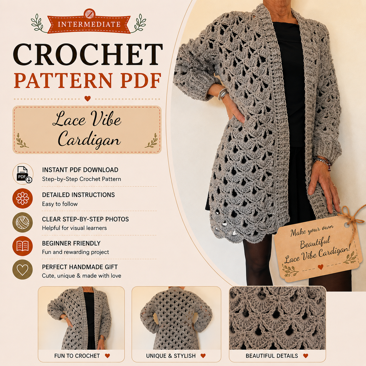Lace Vibe Cardigan Crochet Pattern PDF, Openwork Crochet Cardigan, Long Lace Cardigan Pattern, Women's Crochet Sweater with Video Tutorial